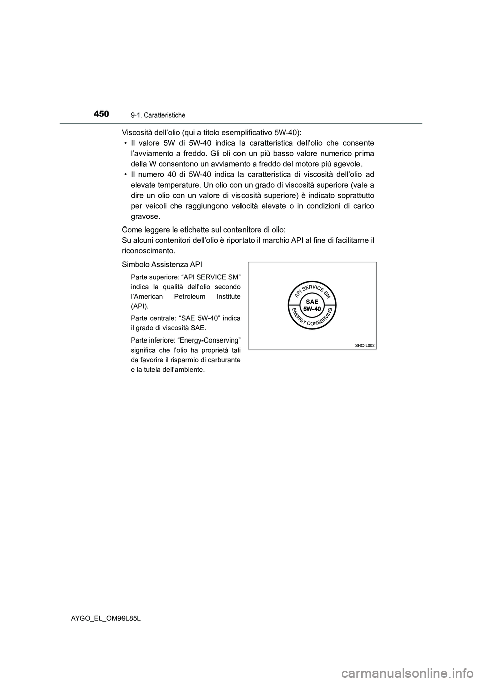 TOYOTA AYGO 2016 Manuale duso (in Italian) 4509-1. Caratteristiche
AYGO_EL_OM99L85L
Viscosità dell’olio (qui a titolo esemplificativo 5W-40):
• Il valore 5W di 5W-40 indica la caratteristica dell’olio che consente
l’avviamento a fre TOYOTA AYGO 2016 Manuale duso (in Italian) 4509-1. Caratteristiche
AYGO_EL_OM99L85L
Viscosità dell’olio (qui a titolo esemplificativo 5W-40):
• Il valore 5W di 5W-40 indica la caratteristica dell’olio che consente
l’avviamento a fre