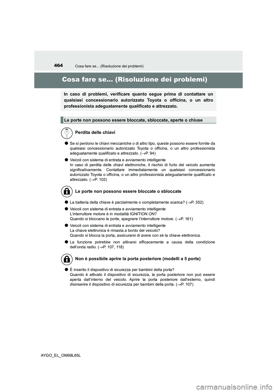 TOYOTA AYGO 2016 Manuale duso (in Italian) 464Cosa fare se... (Risoluzione dei problemi)
AYGO_EL_OM99L85L
Cosa fare se... (Risoluzione dei problemi)
●Se si perdono le chiavi meccaniche o di altro tipo, queste possono essere fornite da
quals TOYOTA AYGO 2016 Manuale duso (in Italian) 464Cosa fare se... (Risoluzione dei problemi)
AYGO_EL_OM99L85L
Cosa fare se... (Risoluzione dei problemi)
●Se si perdono le chiavi meccaniche o di altro tipo, queste possono essere fornite da
quals