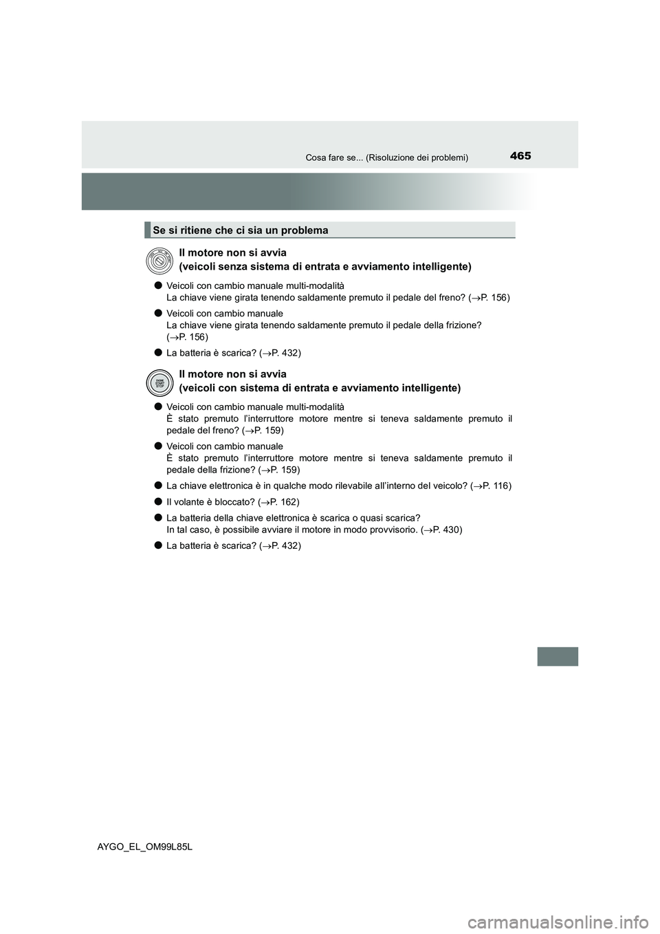 TOYOTA AYGO 2016 Manuale duso (in Italian) 465Cosa fare se... (Risoluzione dei problemi)
AYGO_EL_OM99L85L
●Veicoli con cambio manuale multi-modalità
La chiave viene girata tenendo saldamente premuto il pedale del freno? ( P. 156)
●Vei TOYOTA AYGO 2016 Manuale duso (in Italian) 465Cosa fare se... (Risoluzione dei problemi)
AYGO_EL_OM99L85L
●Veicoli con cambio manuale multi-modalità
La chiave viene girata tenendo saldamente premuto il pedale del freno? ( P. 156)
●Vei