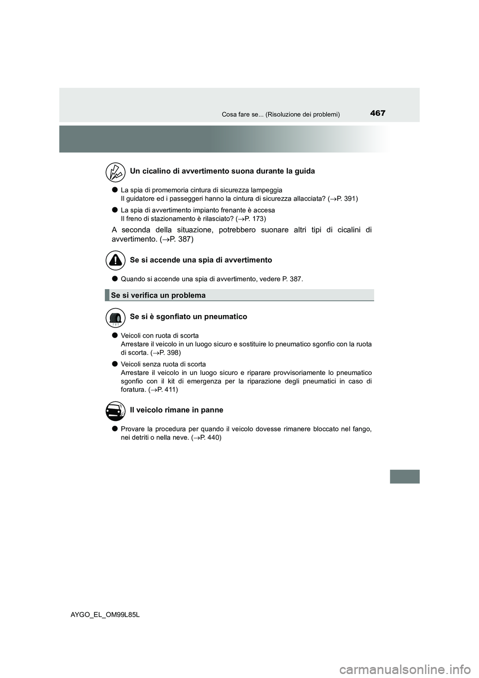 TOYOTA AYGO 2016 Manuale duso (in Italian) 467Cosa fare se... (Risoluzione dei problemi)
AYGO_EL_OM99L85L
●La spia di promemoria cintura di sicurezza lampeggia
Il guidatore ed i passeggeri hanno la cintura di sicurezza allacciata? ( P. TOYOTA AYGO 2016 Manuale duso (in Italian) 467Cosa fare se... (Risoluzione dei problemi)
AYGO_EL_OM99L85L
●La spia di promemoria cintura di sicurezza lampeggia
Il guidatore ed i passeggeri hanno la cintura di sicurezza allacciata? ( P.