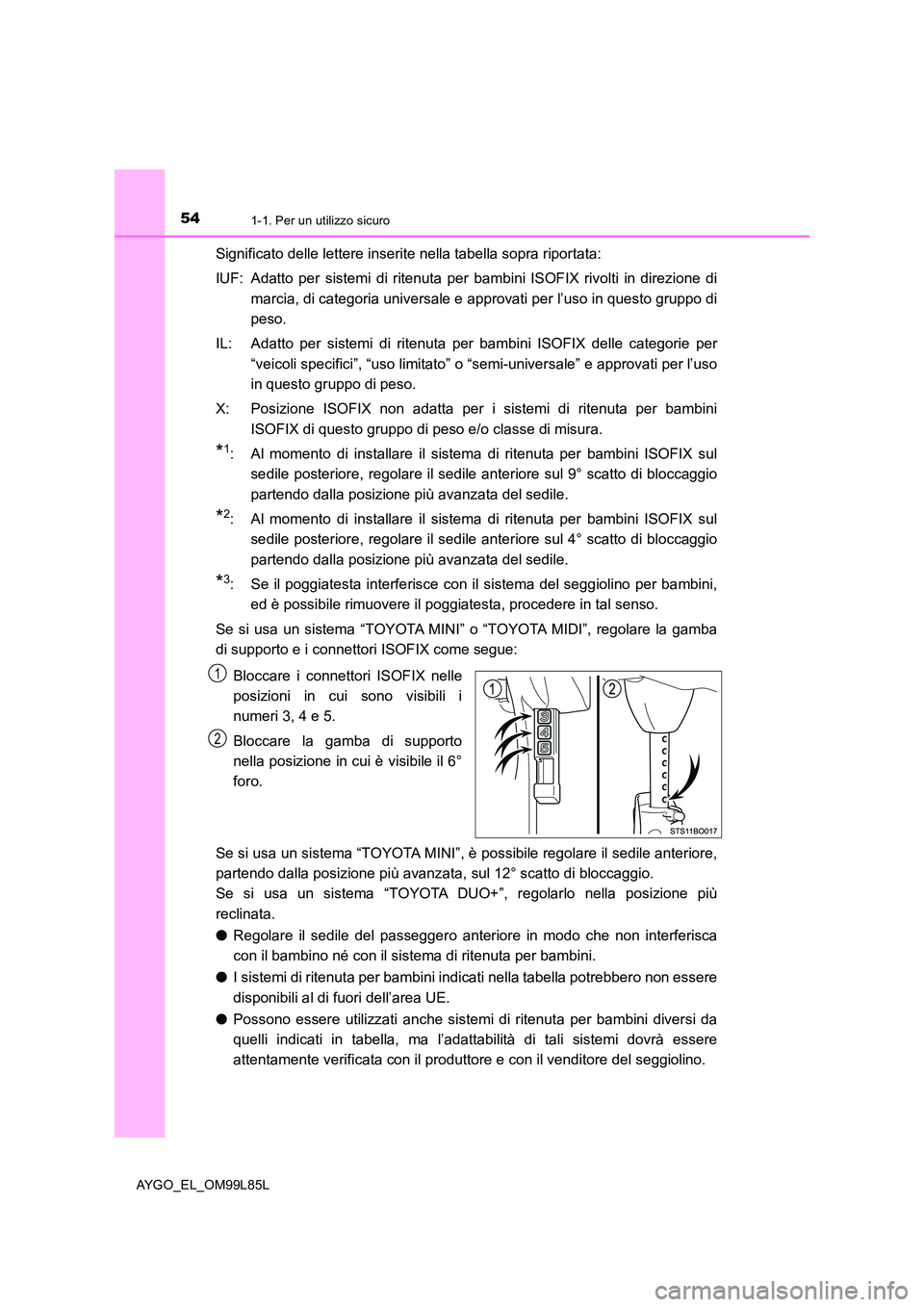 TOYOTA AYGO 2016 Manuale duso (in Italian) 541-1. Per un utilizzo sicuro
AYGO_EL_OM99L85L
Significato delle lettere inserite nella tabella sopra riportata:
IUF: Adatto per sistemi di ritenuta per bambini ISOFIX rivolti in direzione di
marci TOYOTA AYGO 2016 Manuale duso (in Italian) 541-1. Per un utilizzo sicuro
AYGO_EL_OM99L85L
Significato delle lettere inserite nella tabella sopra riportata:
IUF: Adatto per sistemi di ritenuta per bambini ISOFIX rivolti in direzione di
marci