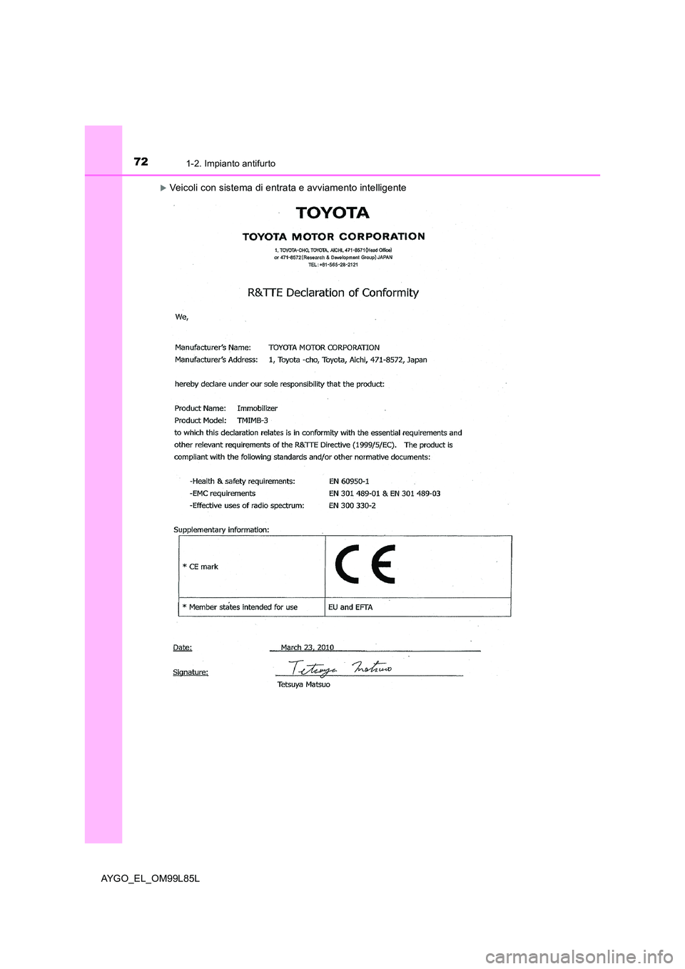 TOYOTA AYGO 2016  Manuale duso (in Italian) 721-2. Impianto antifurto
AYGO_EL_OM99L85L
Veicoli con sistema di entrata e avviamento intelligente 