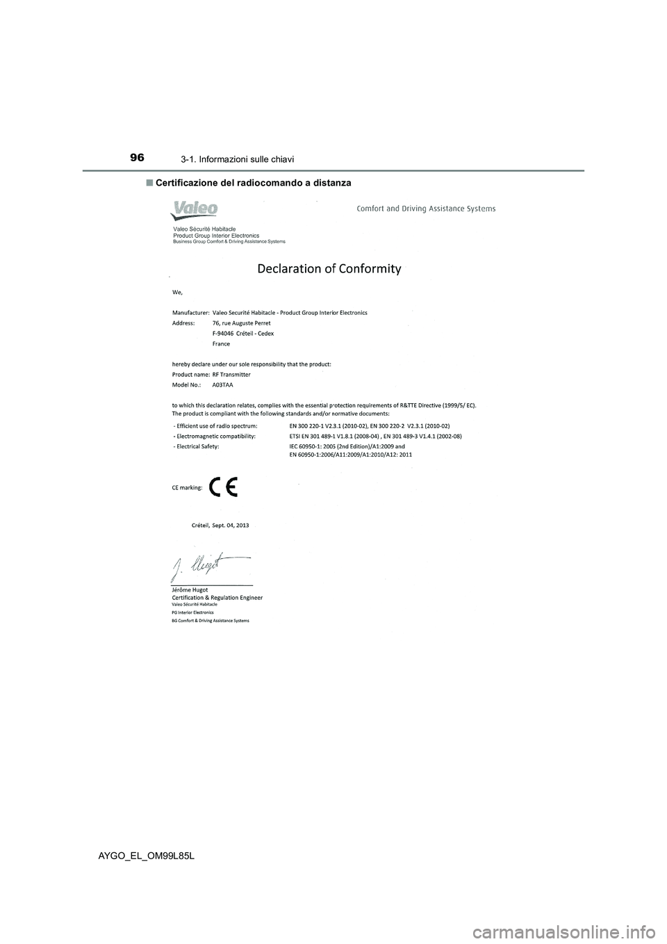 TOYOTA AYGO 2016  Manuale duso (in Italian) 963-1. Informazioni sulle chiavi
AYGO_EL_OM99L85L 
■ Certificazione del radiocomando a distanza 