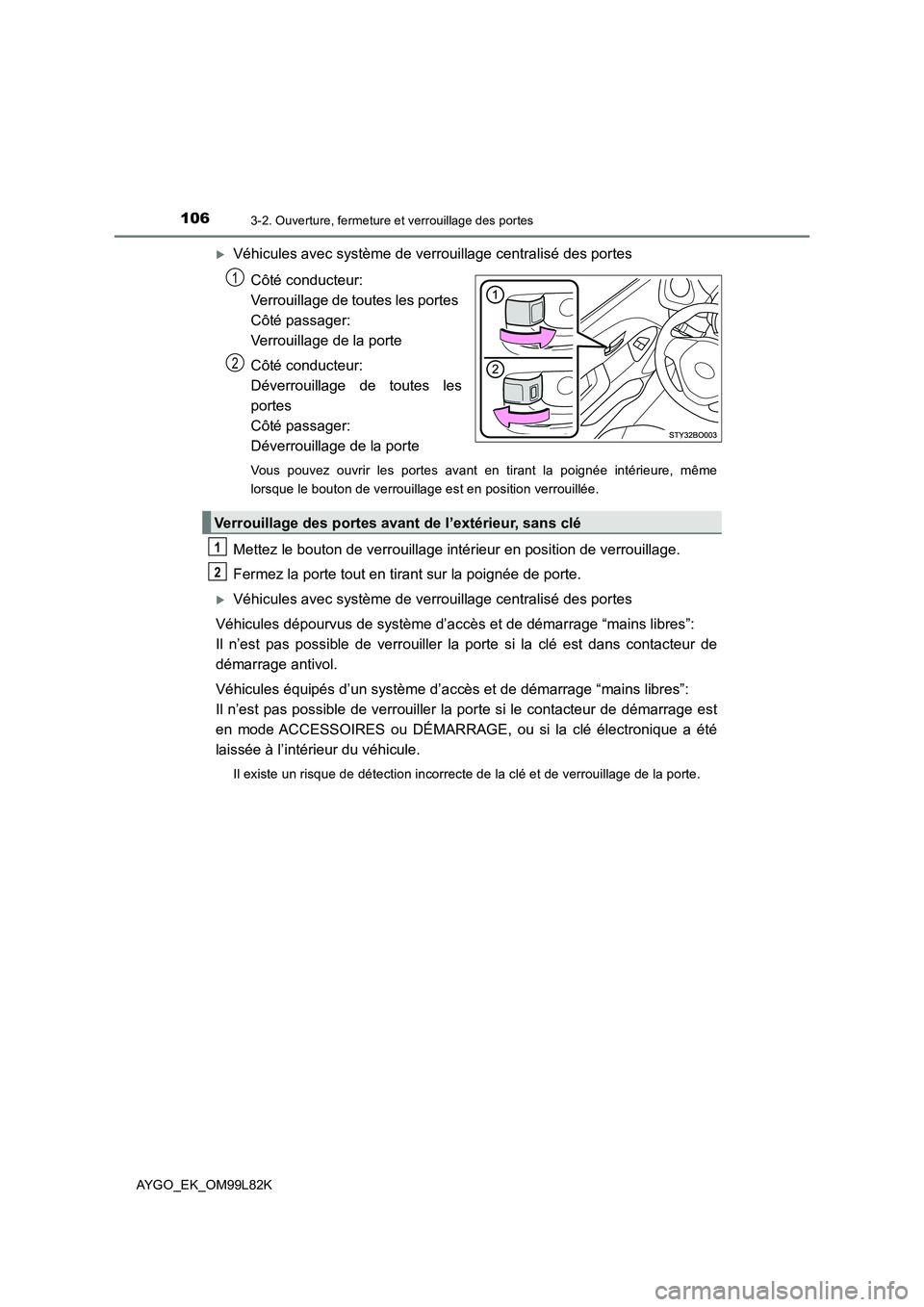 TOYOTA AYGO 2016 Notices Demploi (in French) 1063-2. Ouverture, fermeture et verrouillage des portes
AYGO_EK_OM99L82K
Véhicules avec système de verrouillage centralisé des portes
Côté conducteur:
Verrouillage de toutes les portes
Cô TOYOTA AYGO 2016 Notices Demploi (in French) 1063-2. Ouverture, fermeture et verrouillage des portes
AYGO_EK_OM99L82K
Véhicules avec système de verrouillage centralisé des portes
Côté conducteur:
Verrouillage de toutes les portes
Cô
