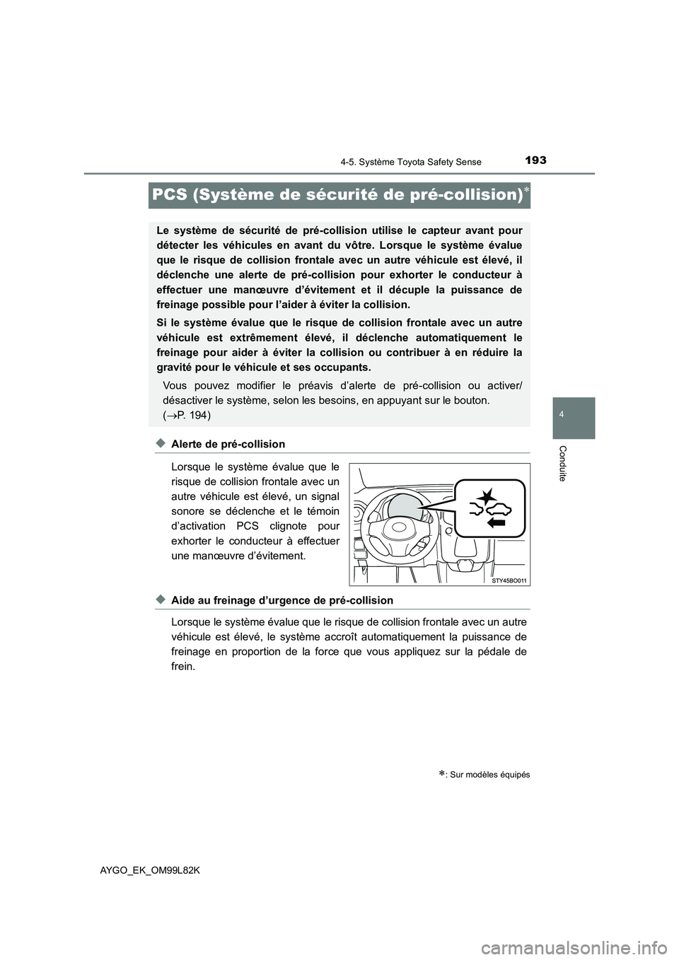 TOYOTA AYGO 2016 Notices Demploi (in French) 193
4
4-5. Système Toyota Safety Sense
Conduite
AYGO_EK_OM99L82K
PCS (Système de sécurité de pré-collision)
◆Alerte de pré-collision
Lorsque le système évalue que le
risque de collision TOYOTA AYGO 2016 Notices Demploi (in French) 193
4
4-5. Système Toyota Safety Sense
Conduite
AYGO_EK_OM99L82K
PCS (Système de sécurité de pré-collision)
◆Alerte de pré-collision
Lorsque le système évalue que le
risque de collision