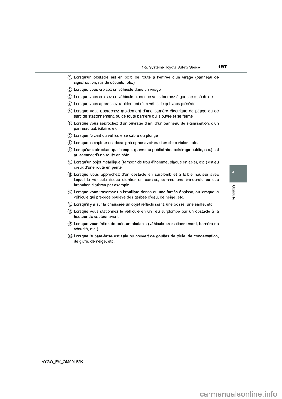 TOYOTA AYGO 2016 Notices Demploi (in French) 1974-5. Système Toyota Safety Sense
4
Conduite
AYGO_EK_OM99L82K
Lorsqu’un obstacle est en bord de route à l’entrée d’un virage (panneau de
signalisation, rail de sécurité, etc.)
Lorsque TOYOTA AYGO 2016 Notices Demploi (in French) 1974-5. Système Toyota Safety Sense
4
Conduite
AYGO_EK_OM99L82K
Lorsqu’un obstacle est en bord de route à l’entrée d’un virage (panneau de
signalisation, rail de sécurité, etc.)
Lorsque