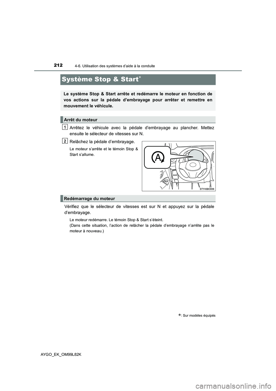 TOYOTA AYGO 2016 Notices Demploi (in French) 2124-6. Utilisation des systèmes d’aide à la conduite
AYGO_EK_OM99L82K
Système Stop & Start
Arrêtez le véhicule avec la pédale d’embrayage au plancher. Mettez
ensuite le sélecteur de vi TOYOTA AYGO 2016 Notices Demploi (in French) 2124-6. Utilisation des systèmes d’aide à la conduite
AYGO_EK_OM99L82K
Système Stop & Start
Arrêtez le véhicule avec la pédale d’embrayage au plancher. Mettez
ensuite le sélecteur de vi