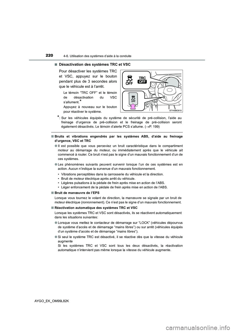 TOYOTA AYGO 2016 Notices Demploi (in French) 2204-6. Utilisation des systèmes d’aide à la conduite
AYGO_EK_OM99L82K
■Désactivation des systèmes TRC et VSC
Pour désactiver les systèmes TRC
et VSC, appuyez sur le bouton
pendant plus d TOYOTA AYGO 2016 Notices Demploi (in French) 2204-6. Utilisation des systèmes d’aide à la conduite
AYGO_EK_OM99L82K
■Désactivation des systèmes TRC et VSC
Pour désactiver les systèmes TRC
et VSC, appuyez sur le bouton
pendant plus d