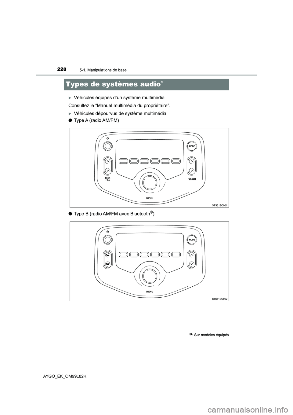 TOYOTA AYGO 2016  Notices Demploi (in French) 2285-1. Manipulations de base
AYGO_EK_OM99L82K
Types de systèmes audio
Véhicules équipés d’un système multimédia 
Consultez le “Manuel multimédia du propriétaire”.
Véhicules d�