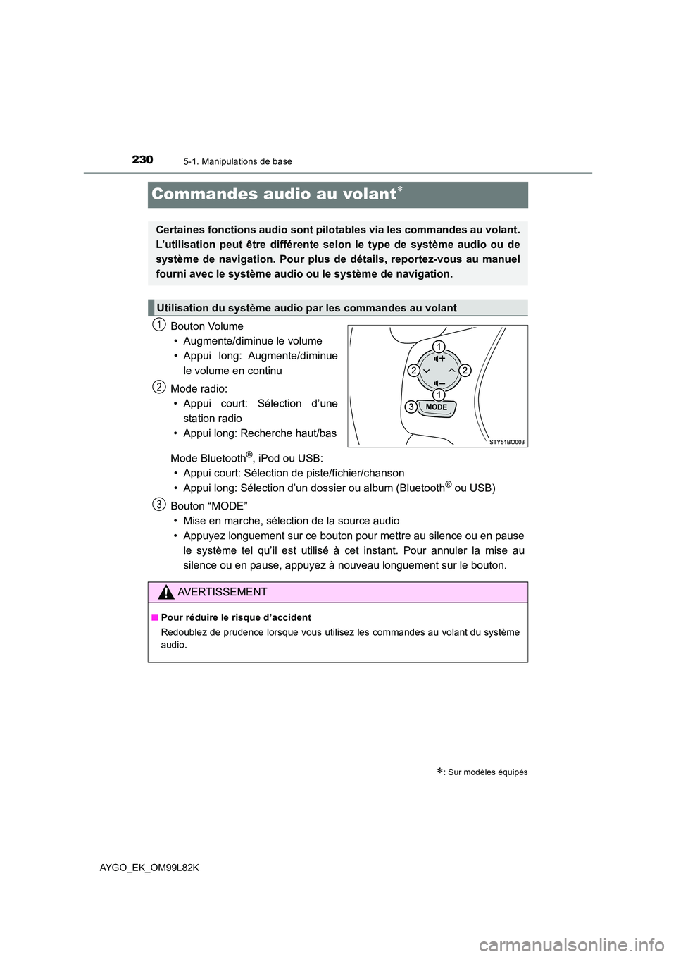 TOYOTA AYGO 2016 Notices Demploi (in French) 2305-1. Manipulations de base
AYGO_EK_OM99L82K
Commandes audio au volant
Bouton Volume
• Augmente/diminue le volume
• Appui long: Augmente/diminue
le volume en continu
Mode radio:
• Appui TOYOTA AYGO 2016 Notices Demploi (in French) 2305-1. Manipulations de base
AYGO_EK_OM99L82K
Commandes audio au volant
Bouton Volume
• Augmente/diminue le volume
• Appui long: Augmente/diminue
le volume en continu
Mode radio:
• Appui