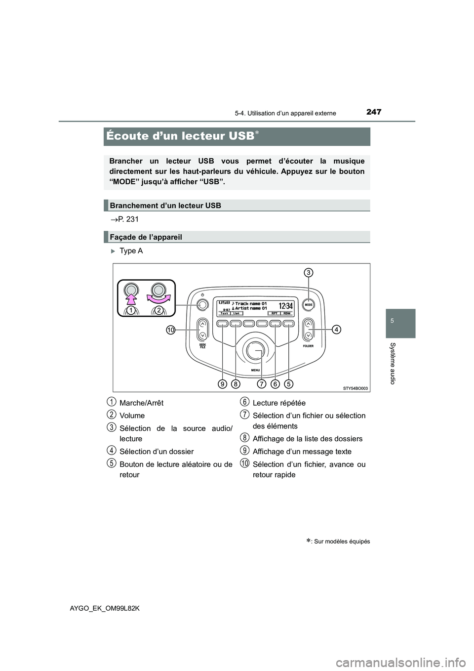 TOYOTA AYGO 2016 Notices Demploi (in French) 247
5
5-4. Utilisation d’un appareil externe
Système audio
AYGO_EK_OM99L82K
Écoute d’un lecteur USB
P. 231
Type A
: Sur modèles équipés
Brancher un lecteur USB vous permet d’éc TOYOTA AYGO 2016 Notices Demploi (in French) 247
5
5-4. Utilisation d’un appareil externe
Système audio
AYGO_EK_OM99L82K
Écoute d’un lecteur USB
P. 231
Type A
: Sur modèles équipés
Brancher un lecteur USB vous permet d’éc