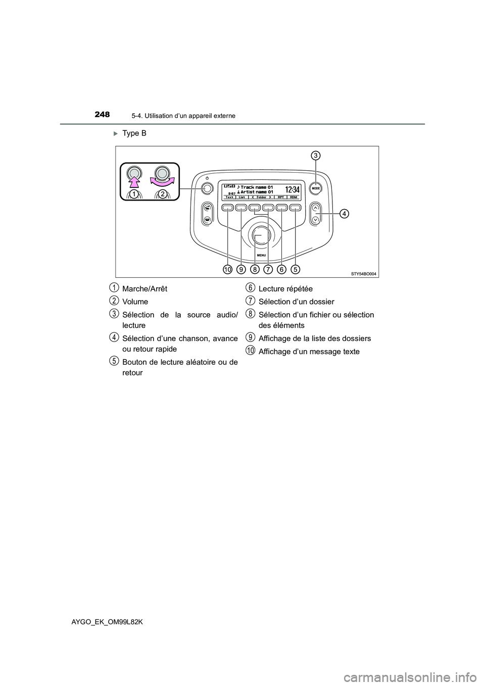 TOYOTA AYGO 2016 Notices Demploi (in French) 2485-4. Utilisation d’un appareil externe
AYGO_EK_OM99L82K
Type B
Marche/Arrêt
Volume
Sélection de la source audio/
lecture
Sélection d’une chanson, avance
ou retour rapide
Bouton de l TOYOTA AYGO 2016 Notices Demploi (in French) 2485-4. Utilisation d’un appareil externe
AYGO_EK_OM99L82K
Type B
Marche/Arrêt
Volume
Sélection de la source audio/
lecture
Sélection d’une chanson, avance
ou retour rapide
Bouton de l