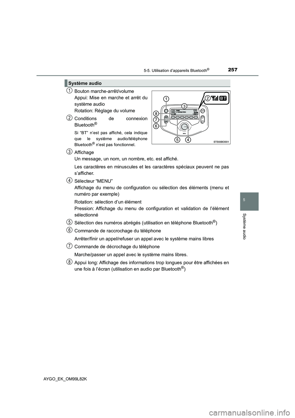 TOYOTA AYGO 2016  Notices Demploi (in French) 2575-5. Utilisation d’appareils Bluetooth®
5
Système audio
AYGO_EK_OM99L82K
Bouton marche-arrêt/volume 
Appui: Mise en marche et arrêt du
système audio 
Rotation: Réglage du volume 
Conditions TOYOTA AYGO 2016  Notices Demploi (in French) 2575-5. Utilisation d’appareils Bluetooth®
5
Système audio
AYGO_EK_OM99L82K
Bouton marche-arrêt/volume 
Appui: Mise en marche et arrêt du
système audio 
Rotation: Réglage du volume 
Conditions