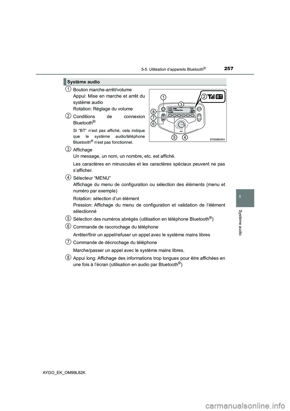 TOYOTA AYGO 2016  Notices Demploi (in French) 2575-5. Utilisation d’appareils Bluetooth®
5
Système audio
AYGO_EK_OM99L82K
Bouton marche-arrêt/volume 
Appui: Mise en marche et arrêt du
système audio 
Rotation: Réglage du volume 
Conditions