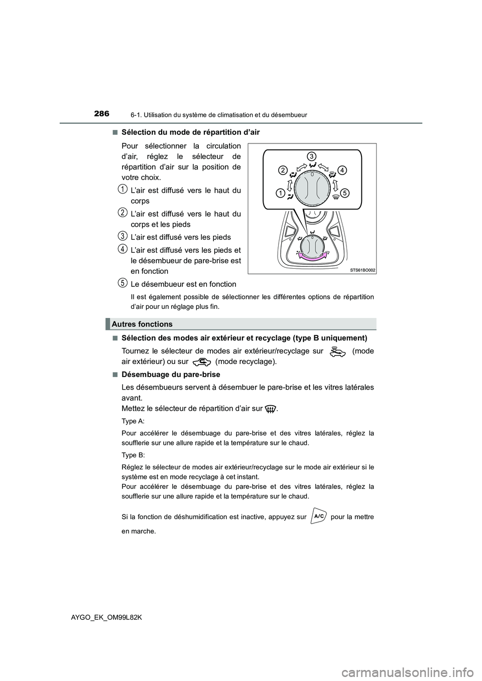 TOYOTA AYGO 2016 Notices Demploi (in French) 2866-1. Utilisation du système de climatisation et du désembueur
AYGO_EK_OM99L82K
■Sélection du mode de répartition d’air
Pour sélectionner la circulation
d’air, réglez le sélecteur de TOYOTA AYGO 2016 Notices Demploi (in French) 2866-1. Utilisation du système de climatisation et du désembueur
AYGO_EK_OM99L82K
■Sélection du mode de répartition d’air
Pour sélectionner la circulation
d’air, réglez le sélecteur de