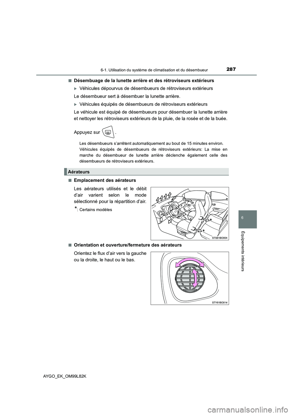 TOYOTA AYGO 2016 Notices Demploi (in French) 2876-1. Utilisation du système de climatisation et du désembueur
6
Équipements intérieurs
AYGO_EK_OM99L82K
■Désembuage de la lunette arrière et des rétroviseurs extérieurs
Véhicules dé TOYOTA AYGO 2016 Notices Demploi (in French) 2876-1. Utilisation du système de climatisation et du désembueur
6
Équipements intérieurs
AYGO_EK_OM99L82K
■Désembuage de la lunette arrière et des rétroviseurs extérieurs
Véhicules dé