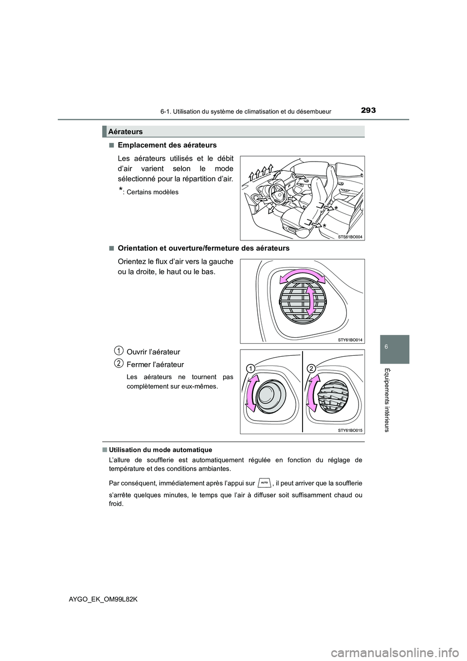 TOYOTA AYGO 2016 Notices Demploi (in French) 2936-1. Utilisation du système de climatisation et du désembueur
6
Équipements intérieurs
AYGO_EK_OM99L82K
■Emplacement des aérateurs
Les aérateurs utilisés et le débit
d’air varient se TOYOTA AYGO 2016 Notices Demploi (in French) 2936-1. Utilisation du système de climatisation et du désembueur
6
Équipements intérieurs
AYGO_EK_OM99L82K
■Emplacement des aérateurs
Les aérateurs utilisés et le débit
d’air varient se