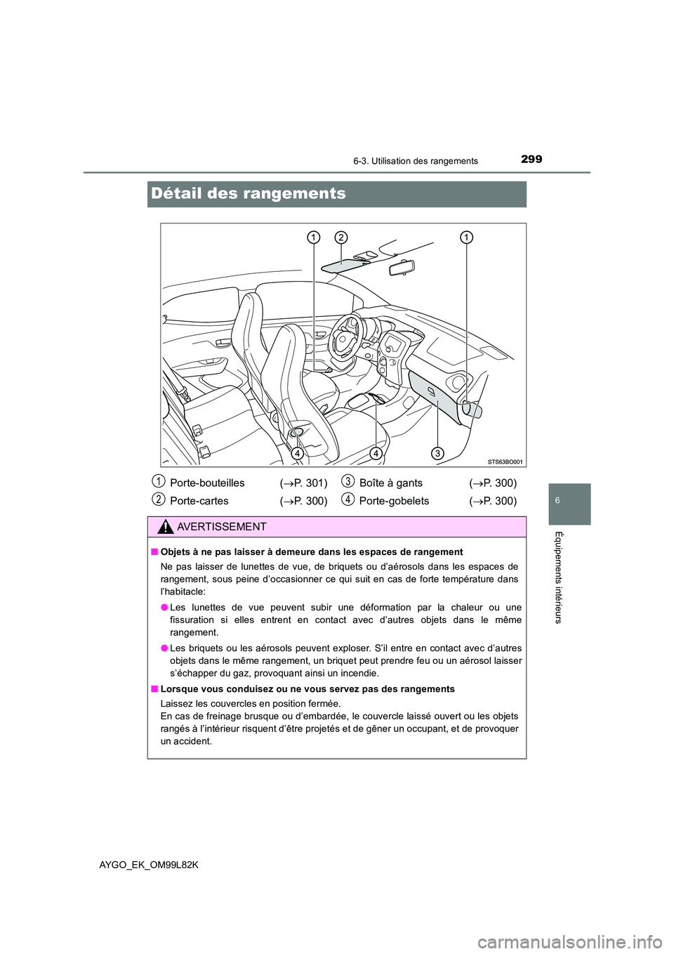 TOYOTA AYGO 2016 Notices Demploi (in French) 2996-3. Utilisation des rangements
6
Équipements intérieurs
AYGO_EK_OM99L82K
Détail des rangements
Porte-bouteilles (P. 301)
Porte-cartes ( P. 300)
Boîte à gants ( P. 300)
Porte-gobe TOYOTA AYGO 2016 Notices Demploi (in French) 2996-3. Utilisation des rangements
6
Équipements intérieurs
AYGO_EK_OM99L82K
Détail des rangements
Porte-bouteilles (P. 301)
Porte-cartes ( P. 300)
Boîte à gants ( P. 300)
Porte-gobe