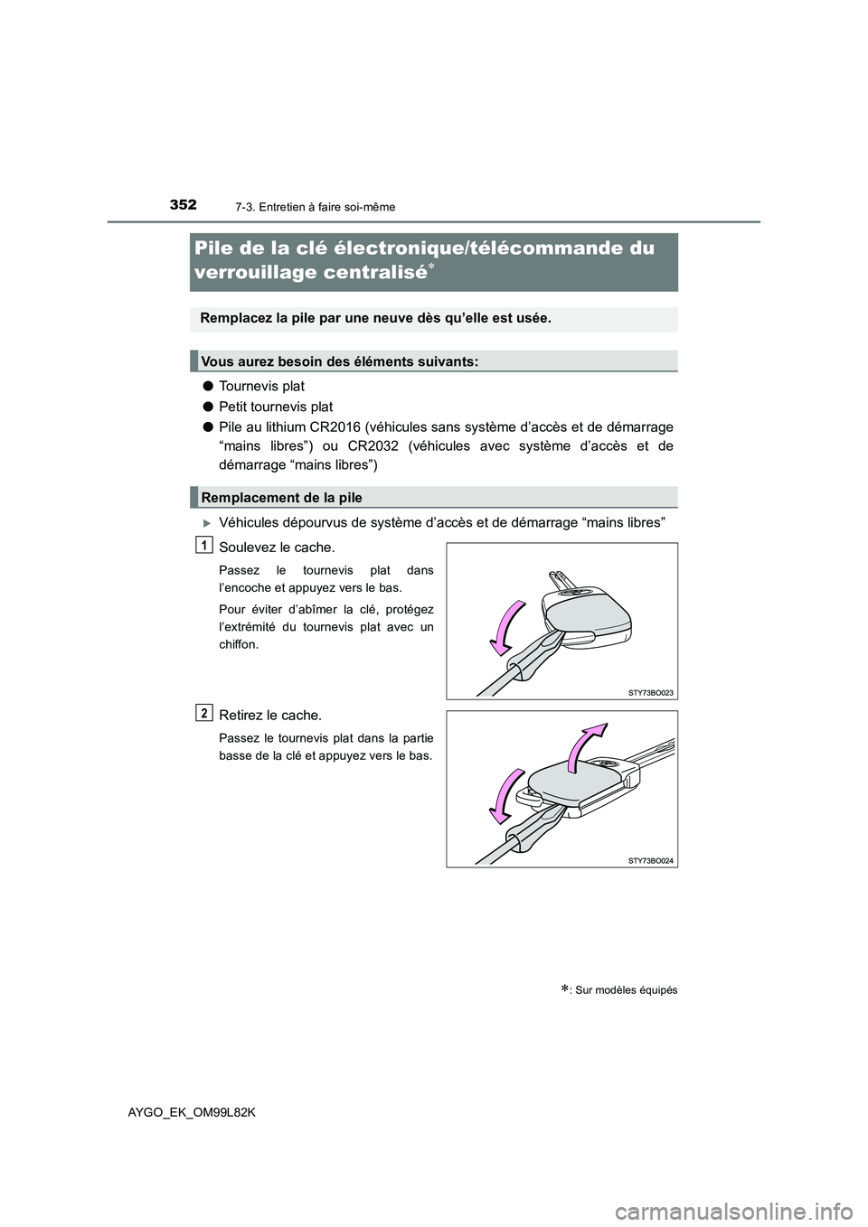 TOYOTA AYGO 2016 Notices Demploi (in French) 3527-3. Entretien à faire soi-même
AYGO_EK_OM99L82K
Pile de la clé électronique/télécommande du
verrouillage centralisé
● Tournevis plat
● Petit tournevis plat
● Pile au lithium CR TOYOTA AYGO 2016 Notices Demploi (in French) 3527-3. Entretien à faire soi-même
AYGO_EK_OM99L82K
Pile de la clé électronique/télécommande du
verrouillage centralisé
● Tournevis plat
● Petit tournevis plat
● Pile au lithium CR