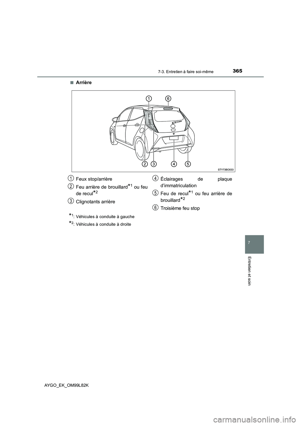 TOYOTA AYGO 2016  Notices Demploi (in French) 3657-3. Entretien à faire soi-même
7
Entretien et soin
AYGO_EK_OM99L82K 
■Arrière
*1: Véhicules à conduite à gauche
*2: Véhicules à conduite à droite
Feux stop/arrière 
Feu arrière de bro