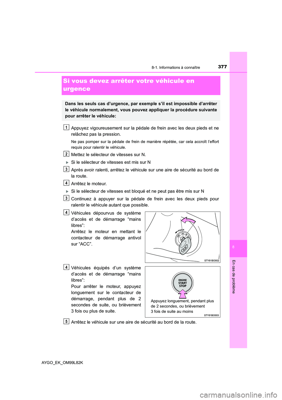 TOYOTA AYGO 2016 Notices Demploi (in French) 3778-1. Informations à connaître
8
En cas de problème
AYGO_EK_OM99L82K
Si vous devez arrêter votre véhicule en
urgence
Appuyez vigoureusement sur la pédale de frein avec les deux pieds et ne
TOYOTA AYGO 2016 Notices Demploi (in French) 3778-1. Informations à connaître
8
En cas de problème
AYGO_EK_OM99L82K
Si vous devez arrêter votre véhicule en
urgence
Appuyez vigoureusement sur la pédale de frein avec les deux pieds et ne