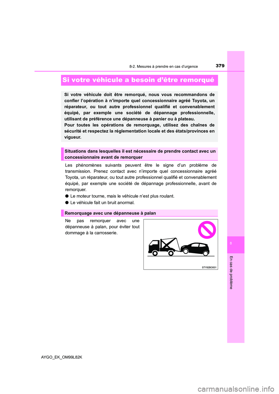 TOYOTA AYGO 2016 Notices Demploi (in French) 3798-2. Mesures à prendre en cas d’urgence
8
En cas de problème
AYGO_EK_OM99L82K
Si votre véhicule a besoin d’être remorqué
Les phénomènes suivants peuvent être le signe d’un problème d TOYOTA AYGO 2016 Notices Demploi (in French) 3798-2. Mesures à prendre en cas d’urgence
8
En cas de problème
AYGO_EK_OM99L82K
Si votre véhicule a besoin d’être remorqué
Les phénomènes suivants peuvent être le signe d’un problème d