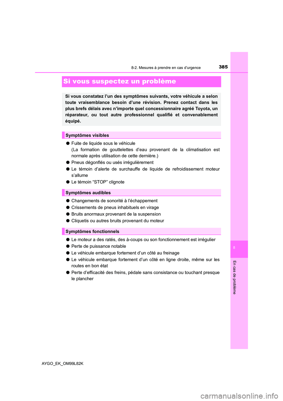 TOYOTA AYGO 2016 Notices Demploi (in French) 3858-2. Mesures à prendre en cas d’urgence
8
En cas de problème
AYGO_EK_OM99L82K
Si vous suspectez un problème
●Fuite de liquide sous le véhicule
(La formation de gouttelettes d’eau provena TOYOTA AYGO 2016 Notices Demploi (in French) 3858-2. Mesures à prendre en cas d’urgence
8
En cas de problème
AYGO_EK_OM99L82K
Si vous suspectez un problème
●Fuite de liquide sous le véhicule
(La formation de gouttelettes d’eau provena