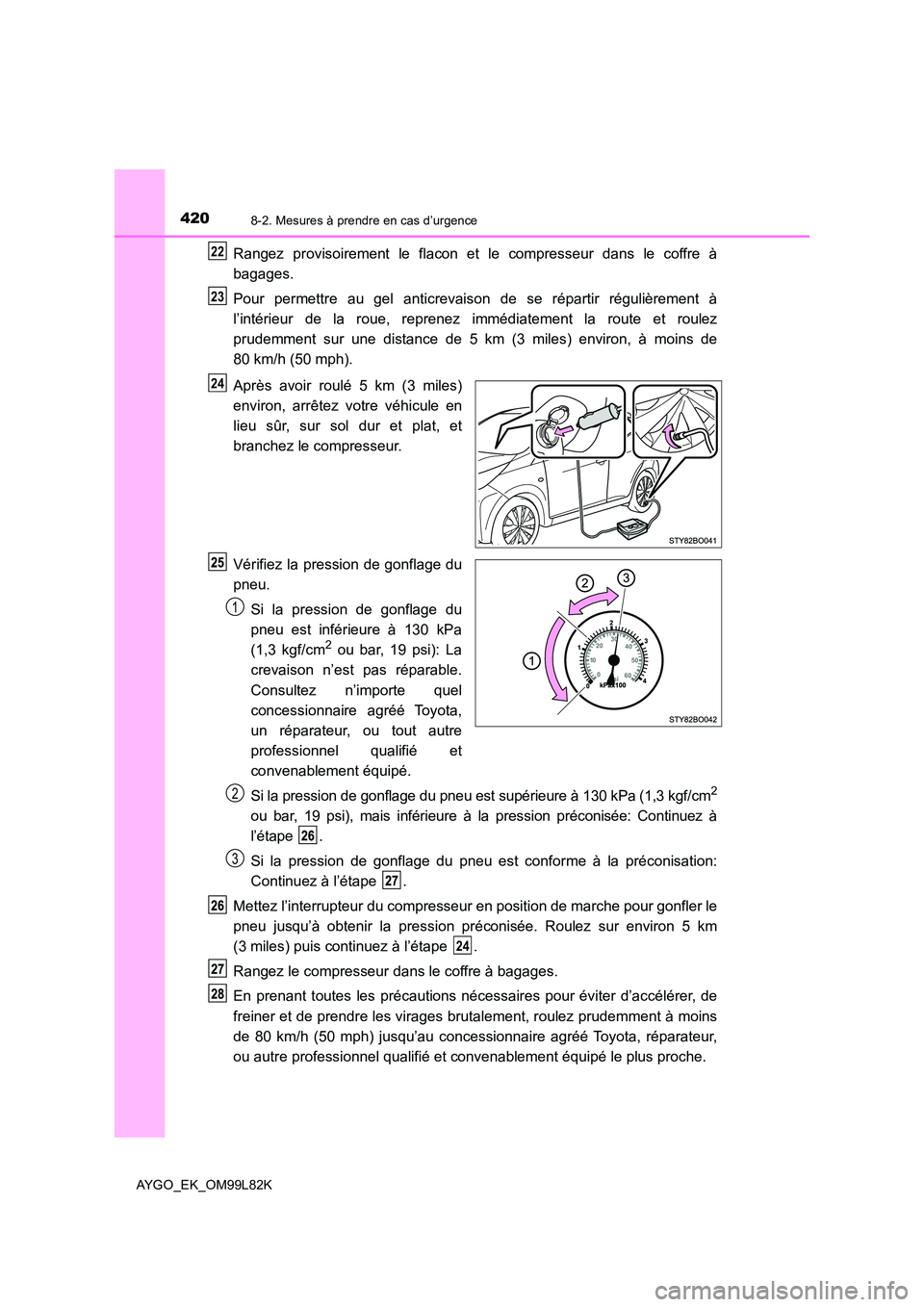 TOYOTA AYGO 2016 Notices Demploi (in French) 4208-2. Mesures à prendre en cas d’urgence
AYGO_EK_OM99L82K
Rangez provisoirement le flacon et le compresseur dans le coffre à
bagages.
Pour permettre au gel anticrevaison de se répartir régul TOYOTA AYGO 2016 Notices Demploi (in French) 4208-2. Mesures à prendre en cas d’urgence
AYGO_EK_OM99L82K
Rangez provisoirement le flacon et le compresseur dans le coffre à
bagages.
Pour permettre au gel anticrevaison de se répartir régul