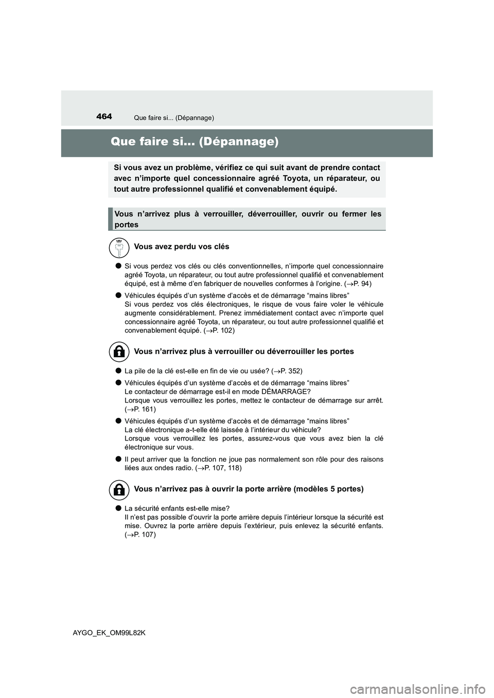 TOYOTA AYGO 2016  Notices Demploi (in French) 464Que faire si... (Dépannage)
AYGO_EK_OM99L82K
Que faire si... (Dépannage)
●Si vous perdez vos clés ou clés conventionnelles, n’importe quel concessionnaire 
agréé Toyota, un réparateur, o