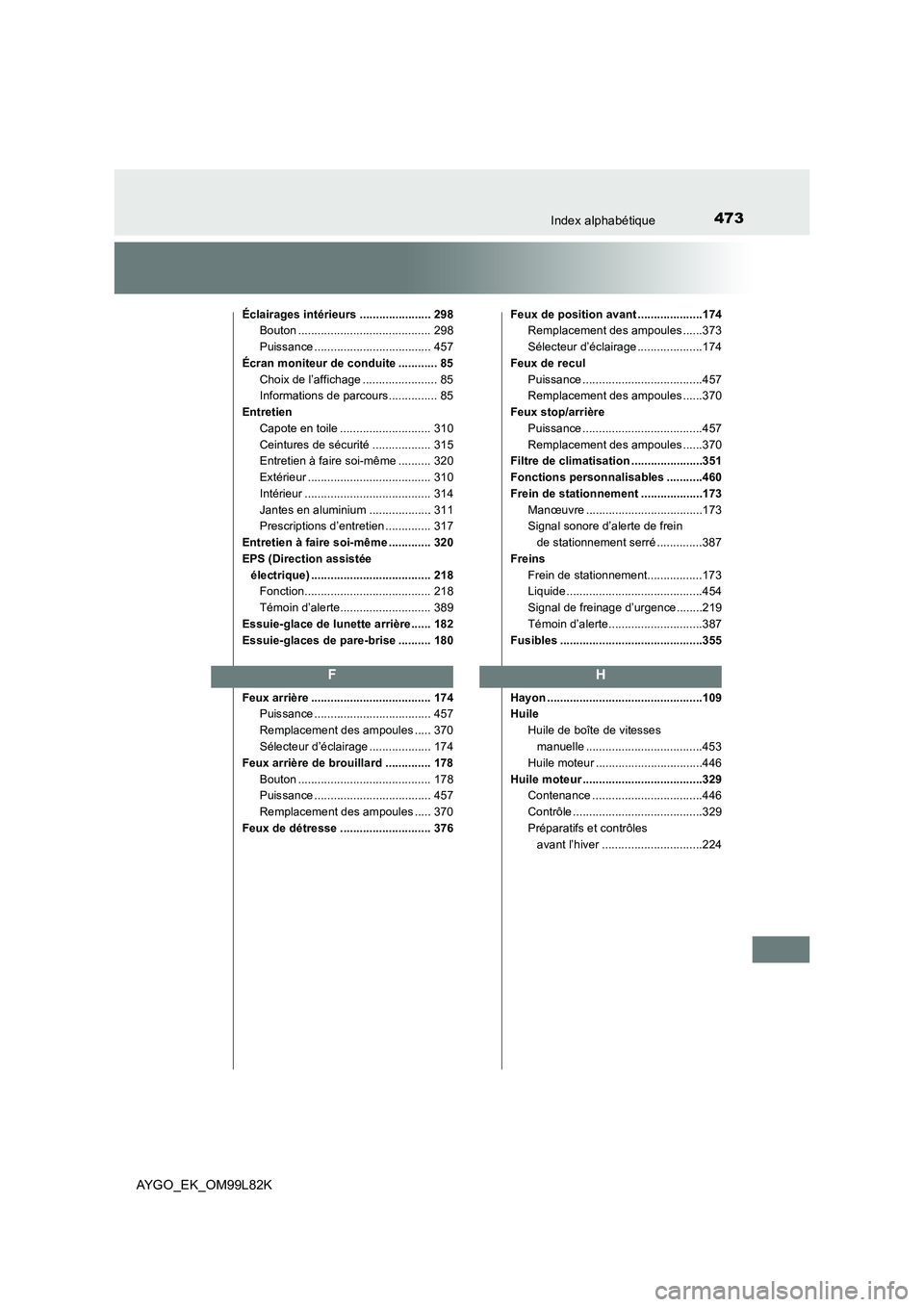 TOYOTA AYGO 2016  Notices Demploi (in French) 473Index alphabétique
AYGO_EK_OM99L82K
Éclairages intérieurs ...................... 298 
Bouton ......................................... 298 
Puissance .................................... 457 
É