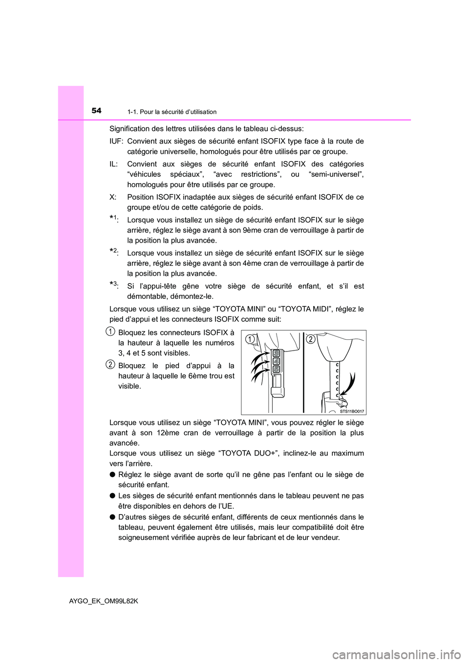 TOYOTA AYGO 2016 Notices Demploi (in French) 541-1. Pour la sécurité d’utilisation
AYGO_EK_OM99L82K
Signification des lettres utilisées dans le tableau ci-dessus:
IUF: Convient aux sièges de sécurité enfant ISOFIX type face à la route TOYOTA AYGO 2016 Notices Demploi (in French) 541-1. Pour la sécurité d’utilisation
AYGO_EK_OM99L82K
Signification des lettres utilisées dans le tableau ci-dessus:
IUF: Convient aux sièges de sécurité enfant ISOFIX type face à la route