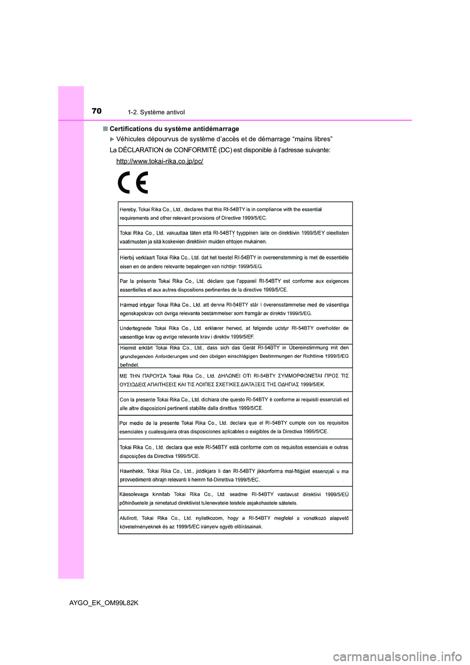TOYOTA AYGO 2016 Notices Demploi (in French) 701-2. Système antivol
AYGO_EK_OM99L82K
■ Certifications du système antidémarrage
Véhicules dépourvus de système d’accès et de démarrage “mains libres”
La DÉCLARATION de CONFORMI TOYOTA AYGO 2016 Notices Demploi (in French) 701-2. Système antivol
AYGO_EK_OM99L82K
■ Certifications du système antidémarrage
Véhicules dépourvus de système d’accès et de démarrage “mains libres”
La DÉCLARATION de CONFORMI