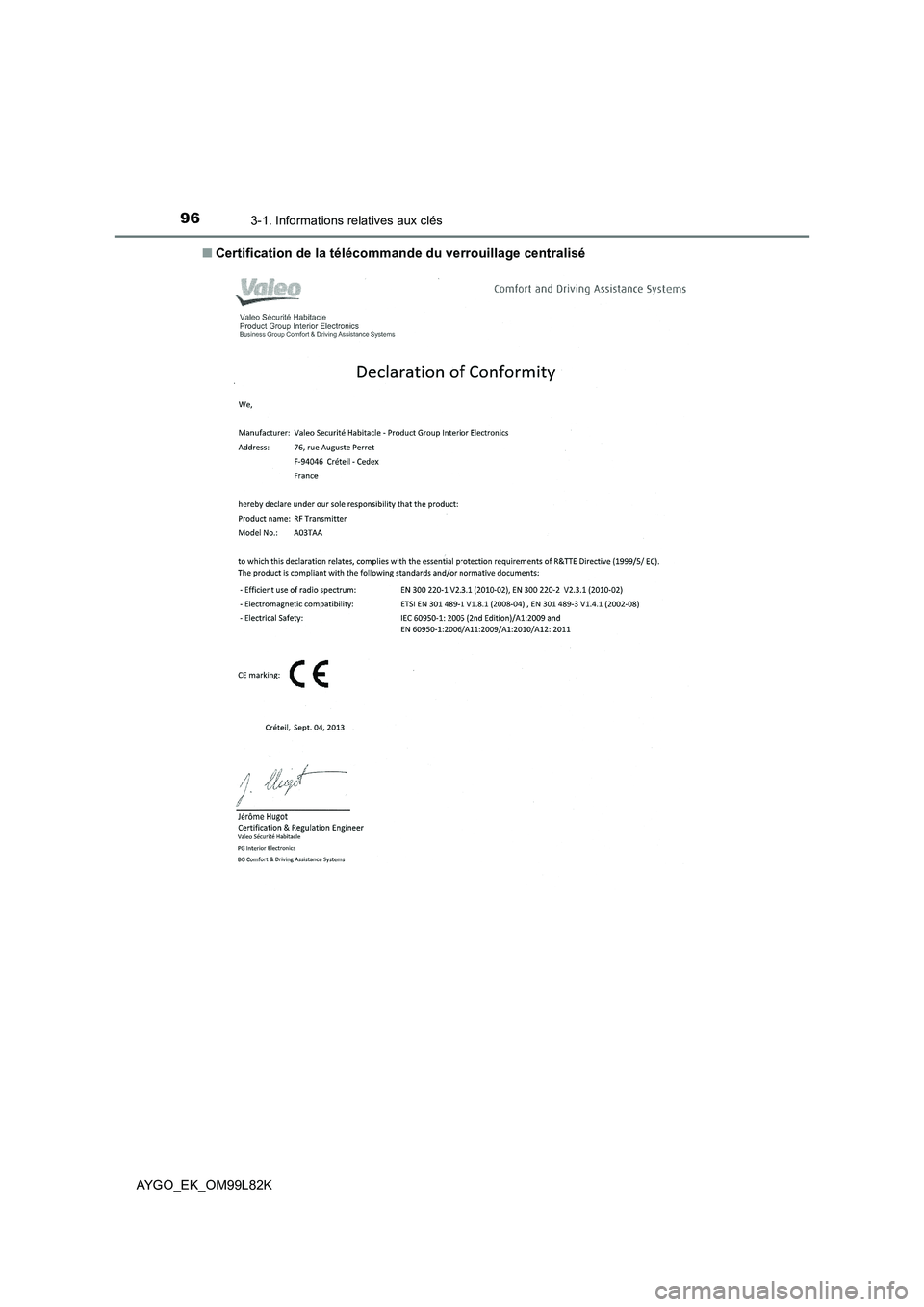 TOYOTA AYGO 2016  Notices Demploi (in French) 963-1. Informations relatives aux clés
AYGO_EK_OM99L82K 
■ Certification de la télécommande du verrouillage centralisé 