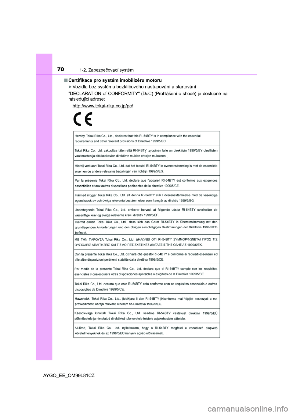 TOYOTA AYGO 2016 Návod na použití (in Czech) 701-2. Zabezpečovací systém
AYGO_EE_OM99L81CZ
■ Certifikace pro systém imobilizéru motoru
Vozidla bez systému bezklíčového nastupování a startování
"DECLARATION of CONFORMITY" (DoC TOYOTA AYGO 2016 Návod na použití (in Czech) 701-2. Zabezpečovací systém
AYGO_EE_OM99L81CZ
■ Certifikace pro systém imobilizéru motoru
Vozidla bez systému bezklíčového nastupování a startování
"DECLARATION of CONFORMITY" (DoC