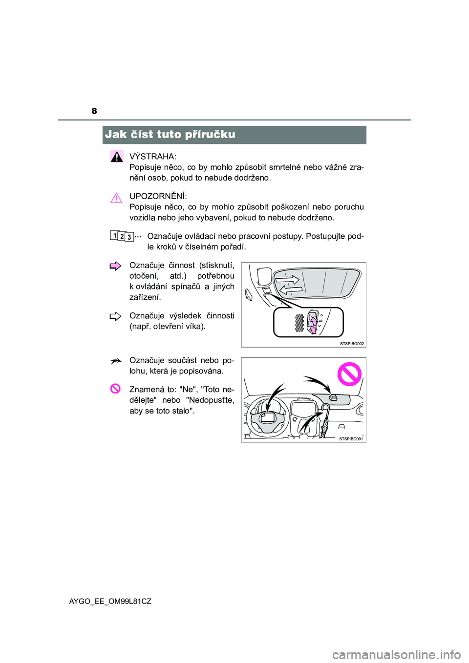 TOYOTA AYGO 2016 Návod na použití (in Czech) 8
AYGO_EE_OM99L81CZ
Jak číst tuto příručku
VÝSTRAHA:
Popisuje něco, co by mohlo způsobit smrtelné nebo vážné zra-
nění osob, pokud to nebude dodrženo.
UPOZORNĚNÍ:
Popisuje něco, co TOYOTA AYGO 2016 Návod na použití (in Czech) 8
AYGO_EE_OM99L81CZ
Jak číst tuto příručku
VÝSTRAHA:
Popisuje něco, co by mohlo způsobit smrtelné nebo vážné zra-
nění osob, pokud to nebude dodrženo.
UPOZORNĚNÍ:
Popisuje něco, co