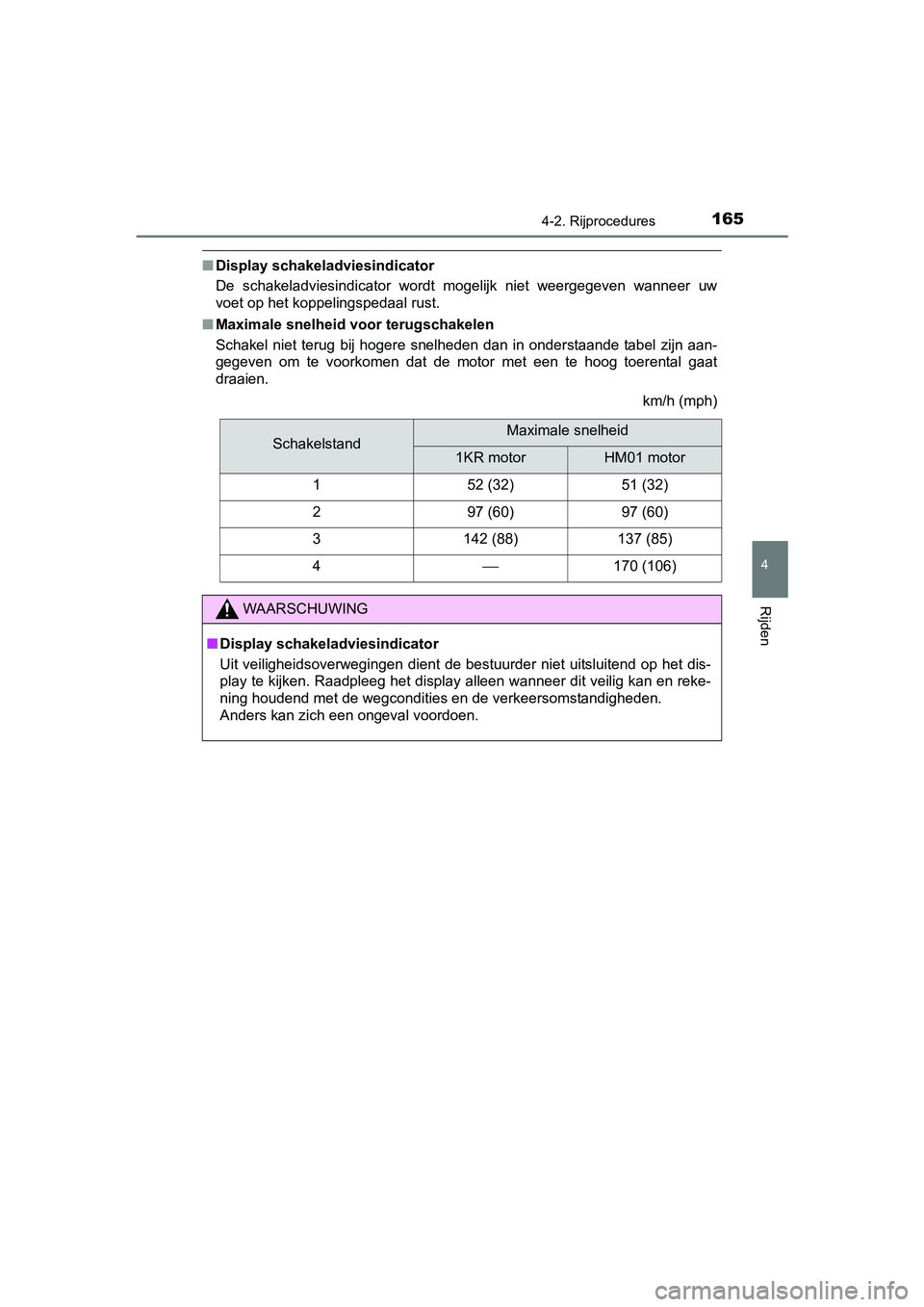 TOYOTA AYGO 2016 Instructieboekje (in Dutch) 1654-2. Rijprocedures
4
Rijden
AYGO_EE_OM99L81E
■Display schakeladviesindicator
De schakeladviesindicator wordt mogelijk niet weergegeven wanne er uw
voet op het koppelingspedaal rust.
■ Ma TOYOTA AYGO 2016 Instructieboekje (in Dutch) 1654-2. Rijprocedures
4
Rijden
AYGO_EE_OM99L81E
■Display schakeladviesindicator
De schakeladviesindicator wordt mogelijk niet weergegeven wanne er uw
voet op het koppelingspedaal rust.
■ Ma