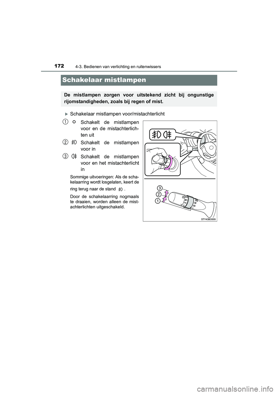 TOYOTA AYGO 2016 Instructieboekje (in Dutch) 1724-3. Bedienen van verlichting en ruitenwissers
AYGO_EE_OM99L81E
Schakelaar mistlampen
Schakelaar mistlampen voor/mistachterlichtSchakelt de mistlampen
voor en de mistachterlich-
ten uit
Sch TOYOTA AYGO 2016 Instructieboekje (in Dutch) 1724-3. Bedienen van verlichting en ruitenwissers
AYGO_EE_OM99L81E
Schakelaar mistlampen
Schakelaar mistlampen voor/mistachterlichtSchakelt de mistlampen
voor en de mistachterlich-
ten uit
Sch