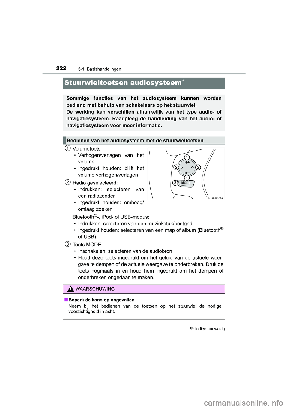 TOYOTA AYGO 2016 Instructieboekje (in Dutch) 2225-1. Basishandelingen
AYGO_EE_OM99L81E
Stuurwieltoetsen audiosysteem∗
Vo l u m e t o e ts• Verhogen/verlagen van het volume
• Ingedrukt houden: blijft het volume verhogen/verlagen
Radio TOYOTA AYGO 2016 Instructieboekje (in Dutch) 2225-1. Basishandelingen
AYGO_EE_OM99L81E
Stuurwieltoetsen audiosysteem∗
Vo l u m e t o e ts• Verhogen/verlagen van het volume
• Ingedrukt houden: blijft het volume verhogen/verlagen
Radio