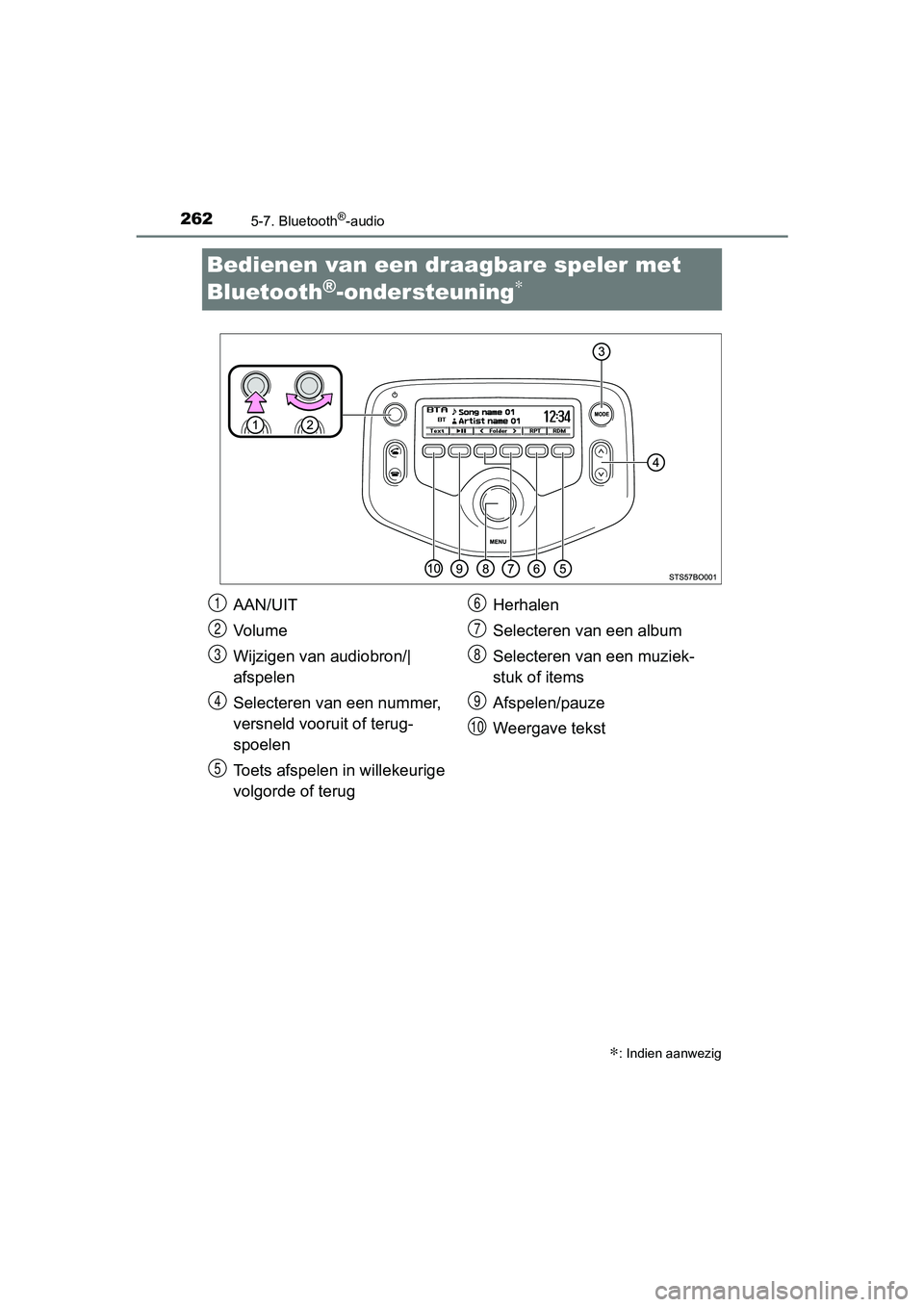 TOYOTA AYGO 2016 Instructieboekje (in Dutch) 2625-7. Bluetooth®-audio
AYGO_EE_OM99L81E
Bedienen van een draagbare speler met
Bluetooth
®-ondersteuning∗
∗: Indien aanwezig
AAN/UIT
Vo l u m e
Wijzigen van audiobron/|
afspelen
Selecteren van TOYOTA AYGO 2016 Instructieboekje (in Dutch) 2625-7. Bluetooth®-audio
AYGO_EE_OM99L81E
Bedienen van een draagbare speler met
Bluetooth
®-ondersteuning∗
∗: Indien aanwezig
AAN/UIT
Vo l u m e
Wijzigen van audiobron/|
afspelen
Selecteren van