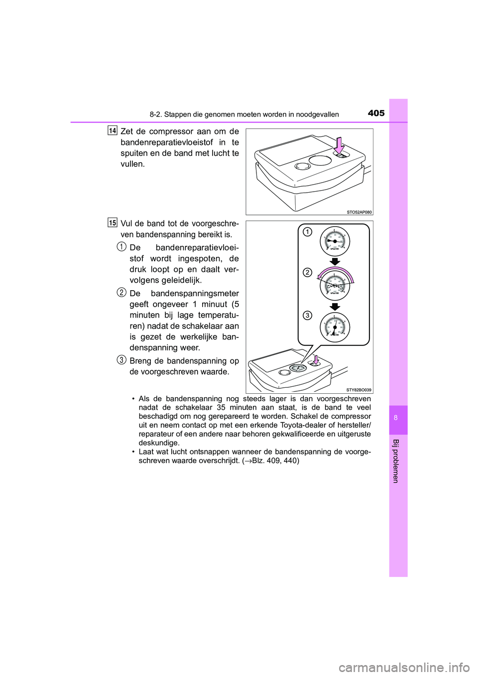 TOYOTA AYGO 2016 Instructieboekje (in Dutch) 4058-2. Stappen die genomen moeten worden in noodgevallen
8
Bij problemen
AYGO_EE_OM99L81E
Zet de compressor aan om de
bandenreparatievloeistof in te
spuiten en de band met lucht te
vullen.
Vul TOYOTA AYGO 2016 Instructieboekje (in Dutch) 4058-2. Stappen die genomen moeten worden in noodgevallen
8
Bij problemen
AYGO_EE_OM99L81E
Zet de compressor aan om de
bandenreparatievloeistof in te
spuiten en de band met lucht te
vullen.
Vul