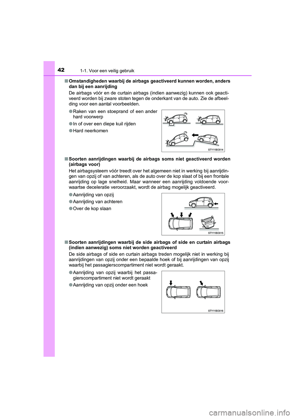 TOYOTA AYGO 2016 Instructieboekje (in Dutch) 421-1. Voor een veilig gebruik
AYGO_EE_OM99L81E■
Omstandigheden waarbij de airbags geactiveerd kunnen worden, an ders
dan bij een aanrijding
De airbags vóór en de curtain airbags (indien TOYOTA AYGO 2016 Instructieboekje (in Dutch) 421-1. Voor een veilig gebruik
AYGO_EE_OM99L81E■
Omstandigheden waarbij de airbags geactiveerd kunnen worden, an ders
dan bij een aanrijding
De airbags vóór en de curtain airbags (indien