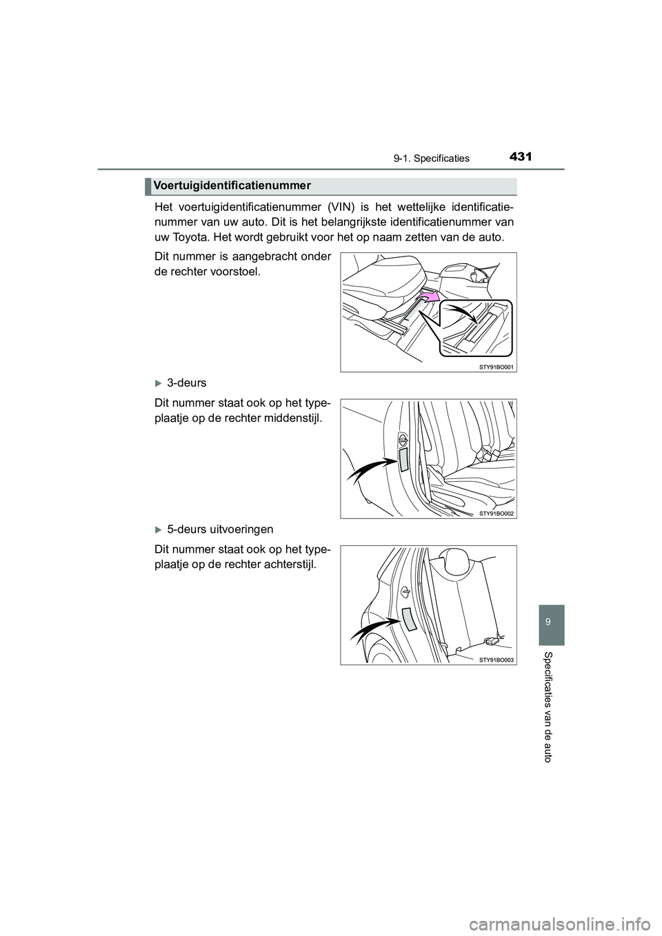 TOYOTA AYGO 2016 Instructieboekje (in Dutch) 4319-1. Specificaties
9
Specificaties van de auto
AYGO_EE_OM99L81E
Het voertuigidentificatienummer (VIN) is het wettelijke identificatie-
nummer van uw auto. Dit is het belangrijkste identificati TOYOTA AYGO 2016 Instructieboekje (in Dutch) 4319-1. Specificaties
9
Specificaties van de auto
AYGO_EE_OM99L81E
Het voertuigidentificatienummer (VIN) is het wettelijke identificatie-
nummer van uw auto. Dit is het belangrijkste identificati
