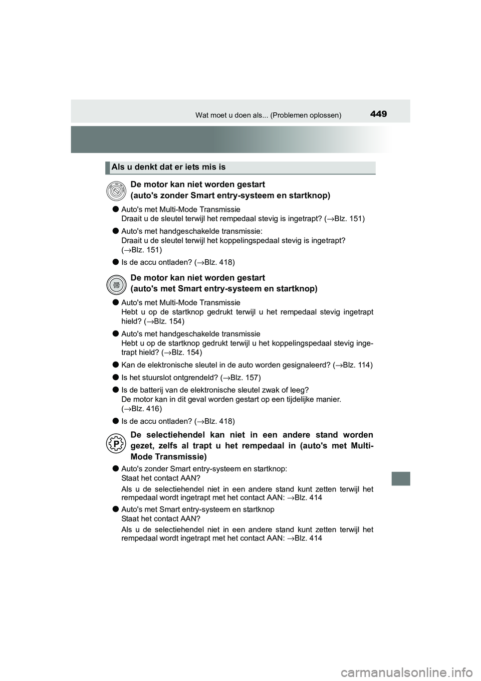TOYOTA AYGO 2016 Instructieboekje (in Dutch) 449Wat moet u doen als... (Problemen oplossen)
AYGO_EE_OM99L81E
●Auto's met Multi-Mode Transmissie
Draait u de sleutel terwijl het rempedaal stevig is ingetrapt? (→Blz. 151)
●Auto's met TOYOTA AYGO 2016 Instructieboekje (in Dutch) 449Wat moet u doen als... (Problemen oplossen)
AYGO_EE_OM99L81E
●Auto's met Multi-Mode Transmissie
Draait u de sleutel terwijl het rempedaal stevig is ingetrapt? (→Blz. 151)
●Auto's met