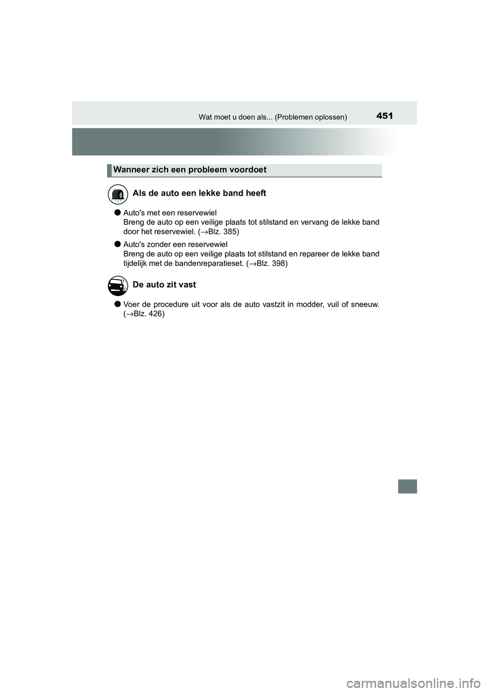 TOYOTA AYGO 2016 Instructieboekje (in Dutch) 451Wat moet u doen als... (Problemen oplossen)
AYGO_EE_OM99L81E
●Auto's met een reservewiel
Breng de auto op een veilige plaats tot stilstand en vervang de lekke band
door het reservewiel. (→ TOYOTA AYGO 2016 Instructieboekje (in Dutch) 451Wat moet u doen als... (Problemen oplossen)
AYGO_EE_OM99L81E
●Auto's met een reservewiel
Breng de auto op een veilige plaats tot stilstand en vervang de lekke band
door het reservewiel. (→