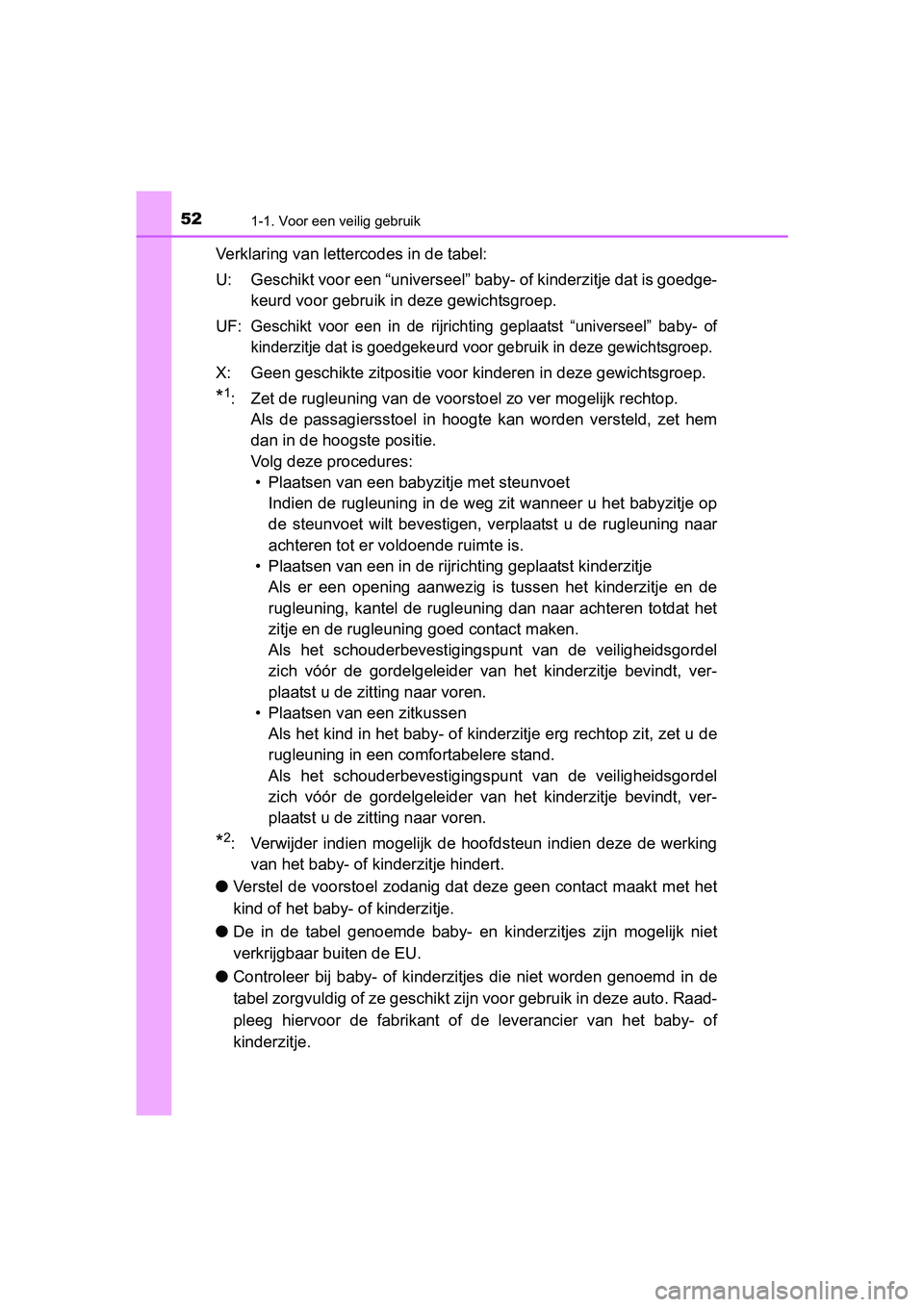TOYOTA AYGO 2016 Instructieboekje (in Dutch) 521-1. Voor een veilig gebruik
AYGO_EE_OM99L81E
Verklaring van lettercodes in de tabel:
U: Geschikt voor een “universeel” baby- of kinderzitje dat is goedge-
keurd voor gebruik in deze gewichtsgr TOYOTA AYGO 2016 Instructieboekje (in Dutch) 521-1. Voor een veilig gebruik
AYGO_EE_OM99L81E
Verklaring van lettercodes in de tabel:
U: Geschikt voor een “universeel” baby- of kinderzitje dat is goedge-
keurd voor gebruik in deze gewichtsgr