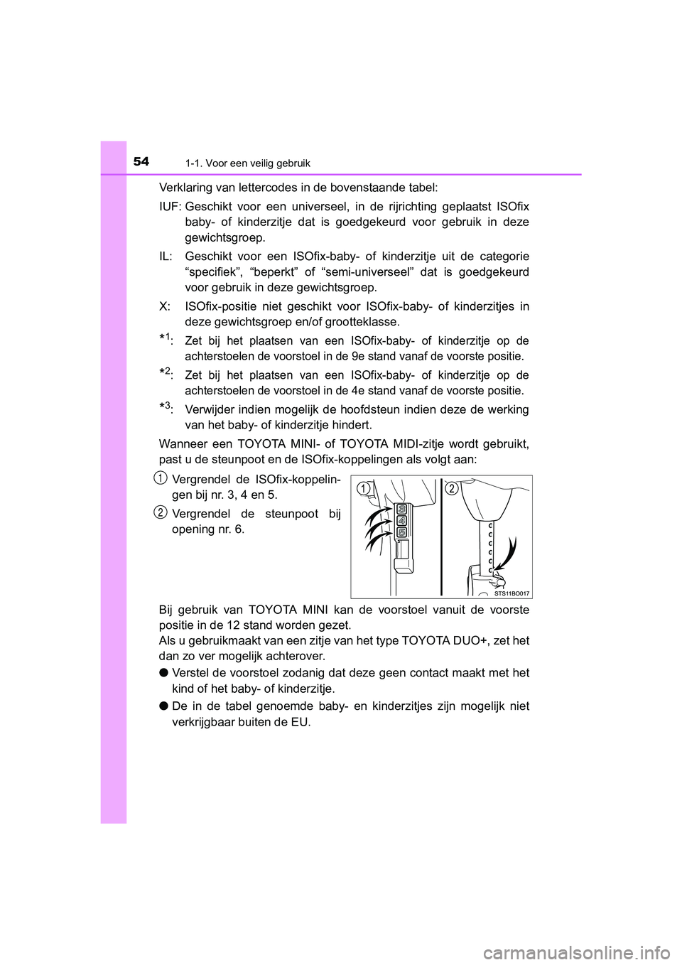 TOYOTA AYGO 2016 Instructieboekje (in Dutch) 541-1. Voor een veilig gebruik
AYGO_EE_OM99L81E
Verklaring van lettercodes in de bovenstaande tabel:
IUF: Geschikt voor een universeel, in de rijrichting geplaatst ISOfix
baby- of kinderzitj TOYOTA AYGO 2016 Instructieboekje (in Dutch) 541-1. Voor een veilig gebruik
AYGO_EE_OM99L81E
Verklaring van lettercodes in de bovenstaande tabel:
IUF: Geschikt voor een universeel, in de rijrichting geplaatst ISOfix
baby- of kinderzitj