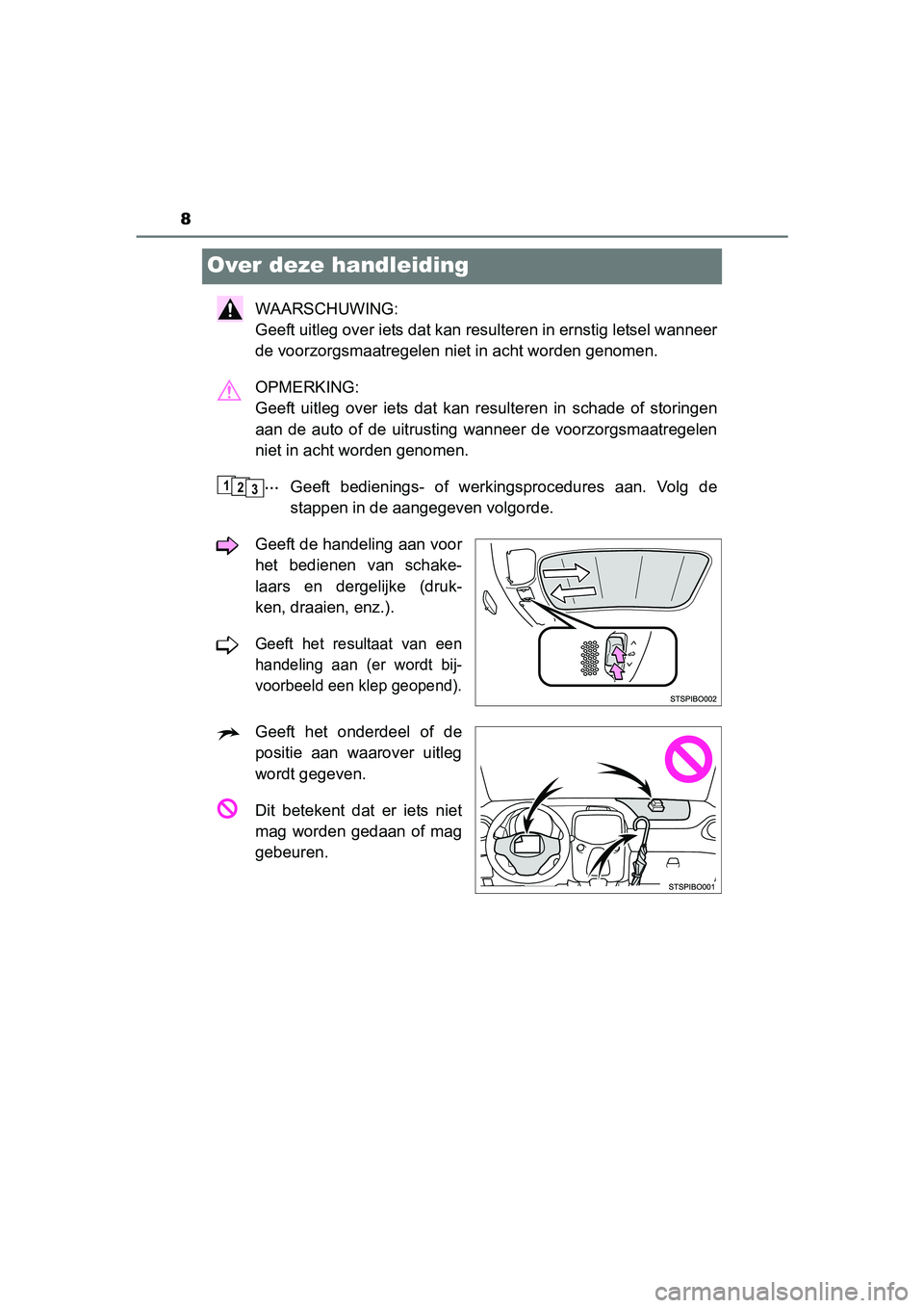 TOYOTA AYGO 2016 Instructieboekje (in Dutch) 8
AYGO_EE_OM99L81E
Over deze handleiding
WAARSCHUWING:
Geeft uitleg over iets dat kan resulteren in ernstig letsel wanneer
de voorzorgsmaatregelen niet in acht worden genomen.
OPMERKING:
Geeft uitl TOYOTA AYGO 2016 Instructieboekje (in Dutch) 8
AYGO_EE_OM99L81E
Over deze handleiding
WAARSCHUWING:
Geeft uitleg over iets dat kan resulteren in ernstig letsel wanneer
de voorzorgsmaatregelen niet in acht worden genomen.
OPMERKING:
Geeft uitl