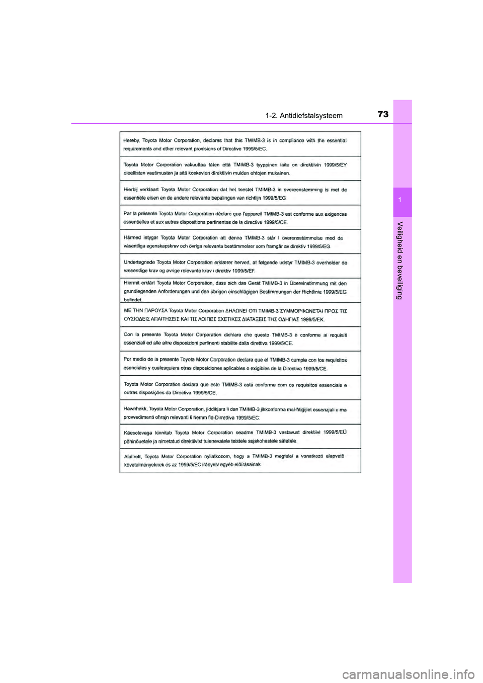 TOYOTA AYGO 2016  Instructieboekje (in Dutch) 731-2. Antidiefstalsysteem
1
Veiligheid en beveiliging
AYGO_EE_OM99L81E
AYGO_OM_OM99L81E.book  Page 73  Wednesday, September 28, 2016  4:22 PM 