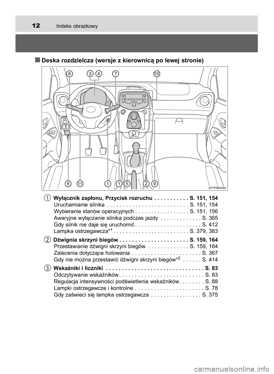TOYOTA AYGO 2016  Instrukcja obsługi (in Polish) Indeks obrazkowy12
Deska rozdzielcza (wersje z kierownicà po lewej stronie)
Wy∏àcznik zap∏onu, Przycisk rozruchu . . . . . . . . . . . S. 151, 154
Uruchamianie silnika . . . . . . . . . . . . .  TOYOTA AYGO 2016  Instrukcja obsługi (in Polish) Indeks obrazkowy12
Deska rozdzielcza (wersje z kierownicà po lewej stronie)
Wy∏àcznik zap∏onu, Przycisk rozruchu . . . . . . . . . . . S. 151, 154
Uruchamianie silnika . . . . . . . . . . . . .