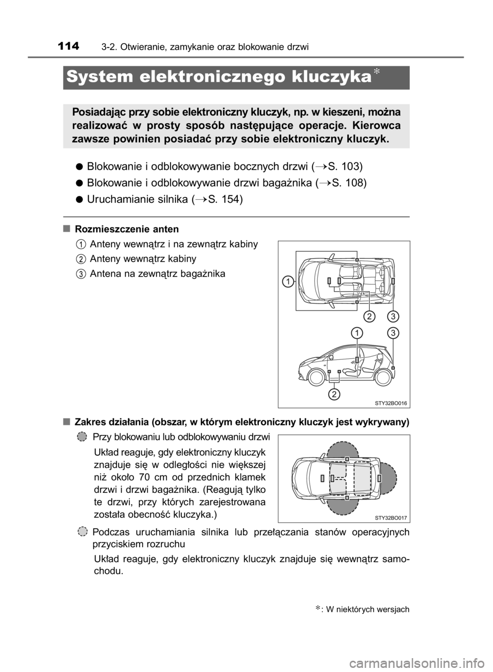 TOYOTA AYGO 2016  Instrukcja obsługi (in Polish) Blokowanie i odblokowywanie bocznych drzwi (S. 103)
Blokowanie i odblokowywanie drzwi baga˝nika (
S. 108)
Uruchamianie silnika (
S. 154)
Rozmieszczenie anten
Anteny wewnàtrz i na zewnàtrz kabiny